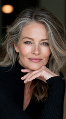 Fototapeta premium glowing mature woman portrait with elegant natural beauty, cinematic headshot of confident middle aged woman with radiant skin, timeless elegant female beauty portrait with soft light 