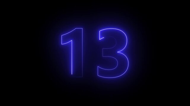 Bright blue neon number thirteen countdown motion graphic a striking glowing displayed on a plain black background, perfect for digital sequences glowing digit background light timer