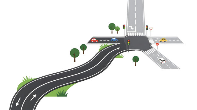 Vector road illustration of a traffic intersection with cars, winding lane, traffic lights, and crosswalk markers on a white background