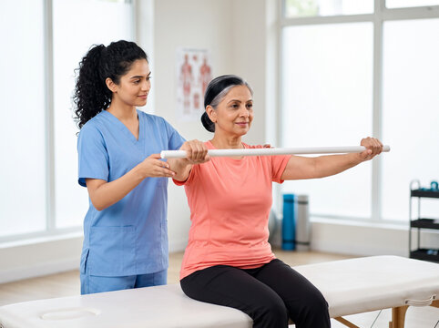 indian female physiotherapist assisting senior woman with seated bilateral overhead shoulder mobility rehabilitation exercise using pvc therapy dowel in modern physiotherapy clinic