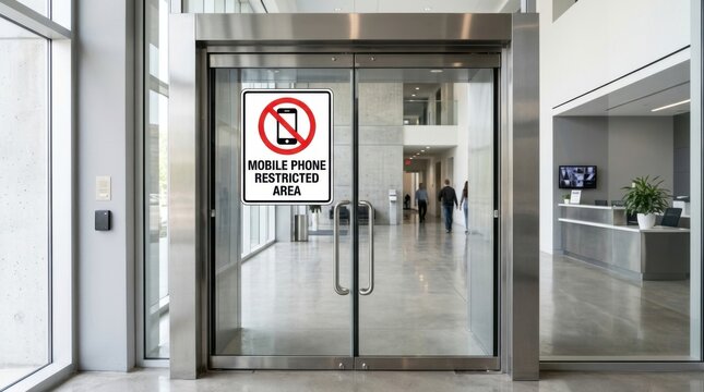Mobile Phone Restricted Area Sign On Glass Doors Inside Modern Office Building