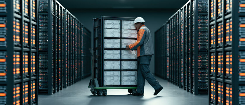 Worker pushes cart through server racks