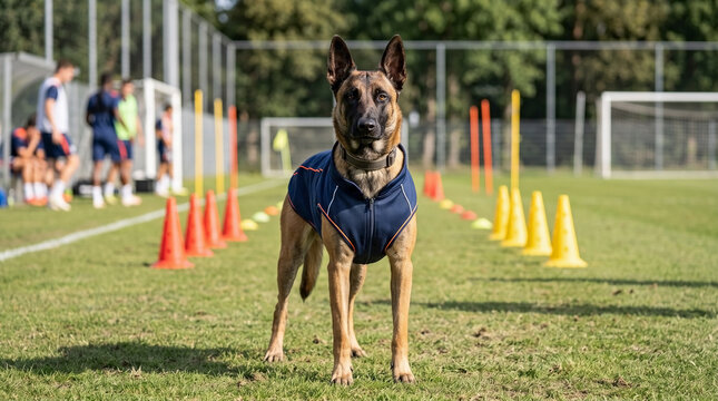 Belgian Malinois dog acting as a sports coach on a training field. Funny pet wearing an athletic jacket standing near soccer cones. Active lifestyle and agility concept