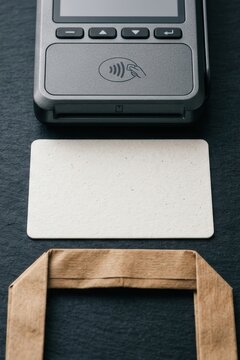 Blank contactless payment terminal with plain card and paper bag on dark surface