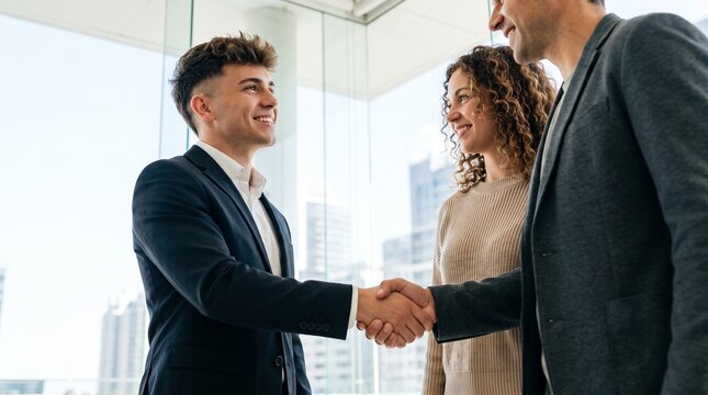 Successful business team shaking hands with corporate client in modern office, celebrating approved ERP software implementation contract and long term strategic partnership investment deal.