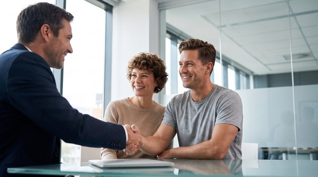 Smiling couple shaking hands with financial advisor after real estate mortgage loan agreement approval. Happy clients meeting bank manager for tax planning, investment, insurance deal.