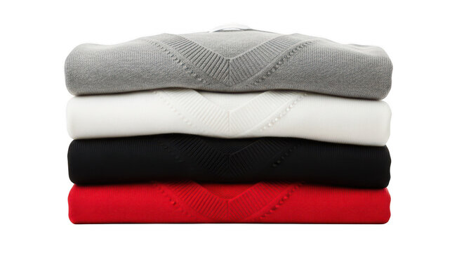 Stack of folded warm knit sweaters in various colors isolated on transparent background