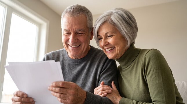 Happy senior couple smiling while reading financial paper document together at home, feeling relieved about retirement pension, paid off mortgage, tax refund or insurance claim approval.