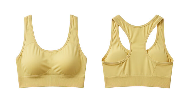 Yellow sports bra front and back view for fitness isolated on transparent background