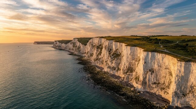 Close up view of the White Cliffs of Dover from the seaside at sunset.