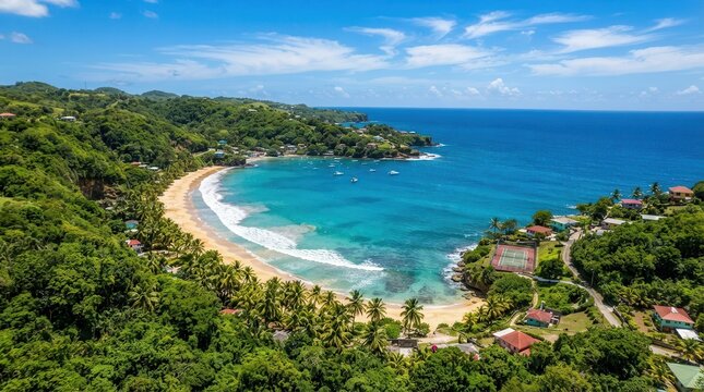 A beautiful tropical Barbados island landscape with golden sand beach and turquoise water.