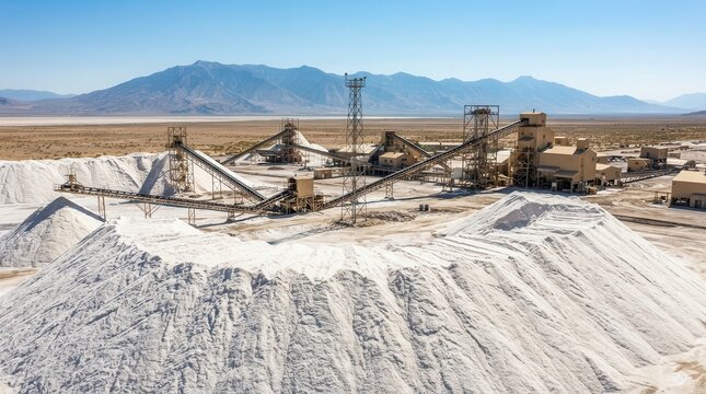 Industrial salt mining facility with white mineral piles and equipment near Utah mountains
