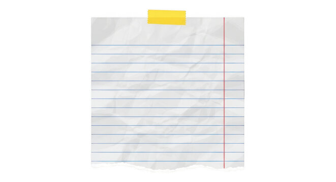 Crumpled lined paper note with a yellow sticky tape piece isolated on transparent background