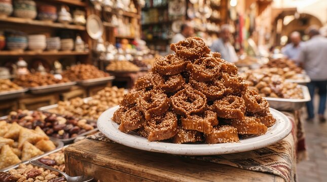 Delicious Moroccan chebakia pastries displayed in a local marketplace sweet shop.