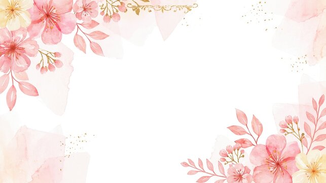 Growth Watercolor Pink Floral Frame with Gold Accents and White Copy Space for Spring Wedding Background
