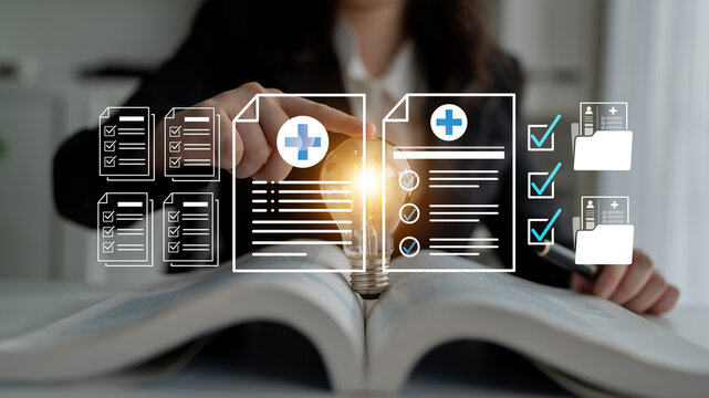 Professional Businesswoman Handling Medical Documents with Graphic Elements Representing Health Compliance and Documentation Process. Bitwise.
