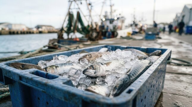 Fresh raw fish and seafood packed with ice in crates at a busy port.
