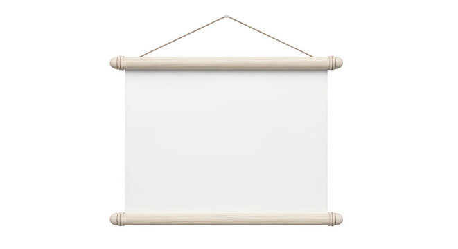 Blank hanging wooden poster frame with white canvas isolated on transparent background