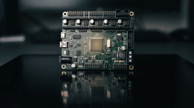 Robotics controller board standing upright on reflective surface
