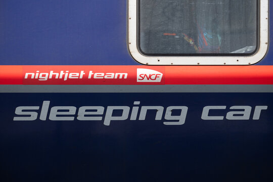 Nightjet sleeping car at Brussels-North railway station.