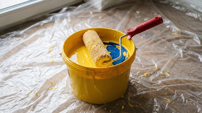 Bright yellow paint in a bucket with a roller ready for a home improvement project indoors now, toda
