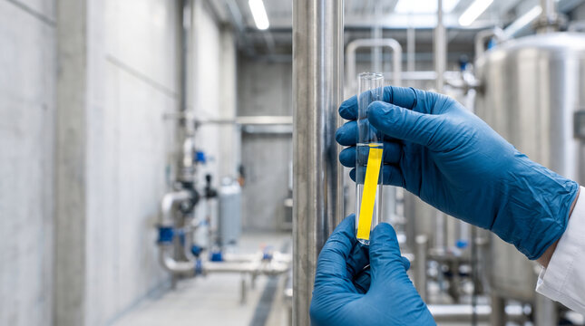 Scientist holding test tube with chemical indicator strip in industrial facility. Analysis of liquid biological hazard and contamination testing in specialized laboratory environment.