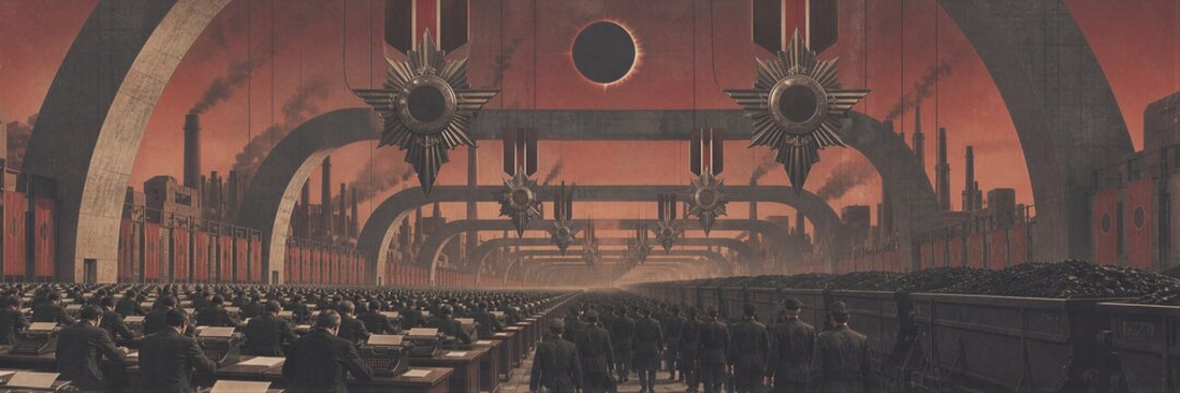 Dystopian industrial city with endless rows of clerks at typewriters and soldiers marching. Totalitarian regime architecture under a dark eclipse.