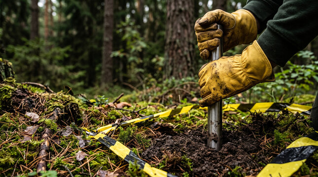 Scientist taking soil sample for testing in forest. Specialist working in area cordoned off by caution tape due to biological hazard. Environmental contamination analysis and investigation.
