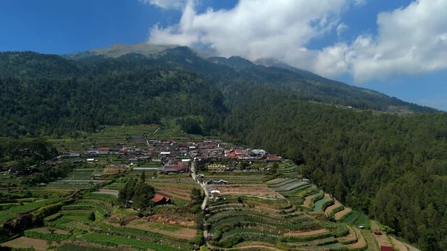Aerial view of Dusun Cuntel village nestled among lush green terraced fields on the slopes of a mountain under a clear blue sky in Getasan, Central Java, Indonesia.