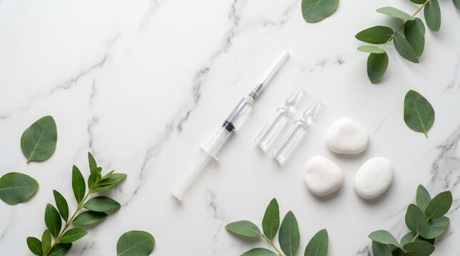 Botox injection supplies with ampoules and smooth stones on marble background surrounded by eucalyptus leaves