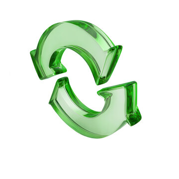 3D recycling symbol icon in glossy green glass. Eco-friendly sustainability logo for circular economy and green business branding.