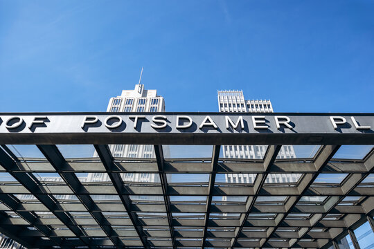 Berlin, Germany - April 23, 2026: Potsdamer Platz entrance canopy with iconic lettering and modern office towers in Berlin's business district.