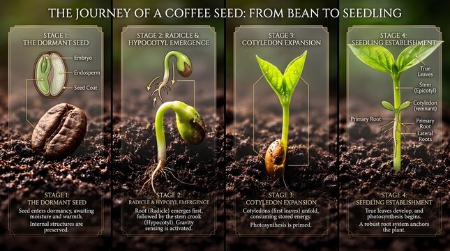 Educational infographic illustrating four sequential growth stages from coffee seed to developing green seedling plant