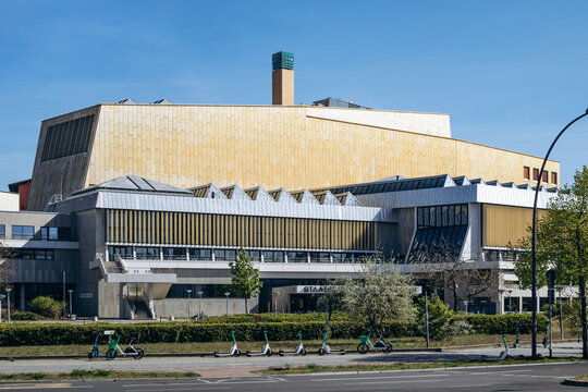 Berlin, Germany - April 23, 2026: Exterior view of the Berlin State Library (Staatsbibliothek zu Berlin) at the Kulturforum, adjacent to the Berliner Philharmonie.