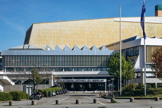 Berlin, Germany - April 23, 2026: Exterior view of the Berlin State Library (Staatsbibliothek zu Berlin) at the Kulturforum, adjacent to the Berliner Philharmonie.
