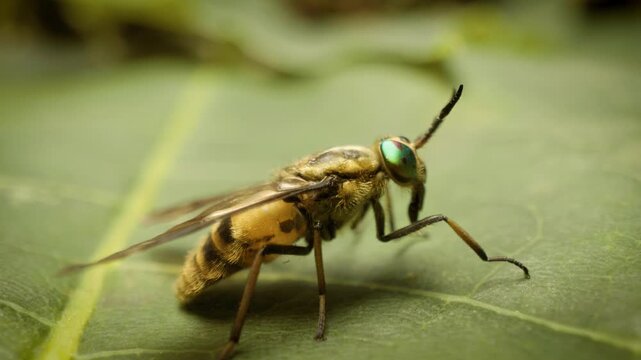 macro shot of twin-lobed deerfly (chrysops relictus)on a leaf