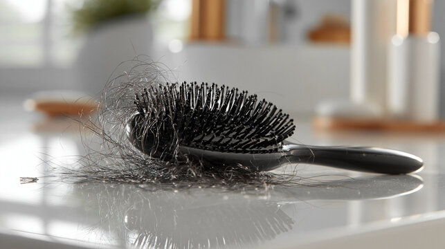 Hairbrush with tangled hair on vanity