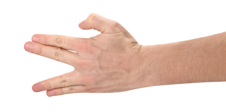 Open male hand in strange gesture, isolated on transparent cutout background