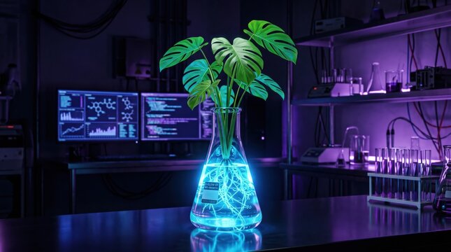 Plant growth experiment in a futuristic laboratory setting with glowing roots
