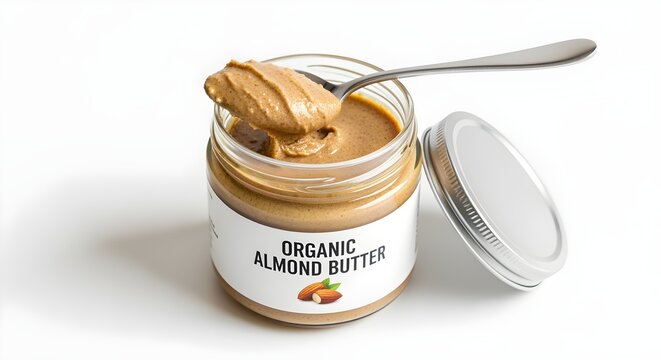 A jar of organic nut butter with the lid off and a spoon resting on it, isolated.