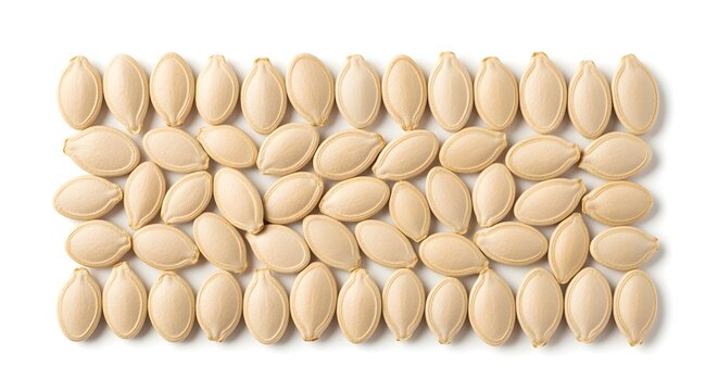 Pumpkin seeds arranged neatly, isolated white background, no shadows