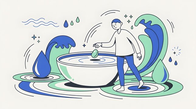 Person Dropping Pebble In Water Bowl Creating Ripple Effect Surrounded By Waves And Raindrops