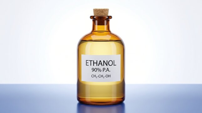 Amber glass bottle of ethanol on a blue surface