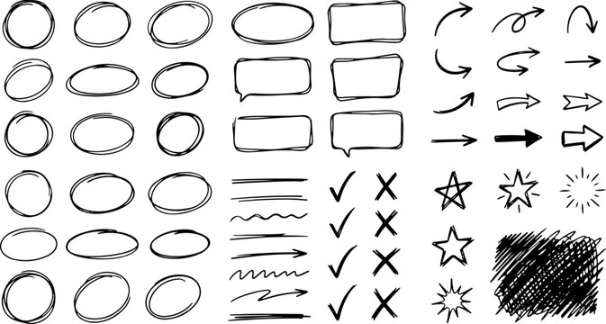 Doodles featuring hand-drawn circles, rectangular text boxes, directional arrows, checkmarks, crosses, stars, and scribbled patches provide a versatile collection for creative design projects on a.