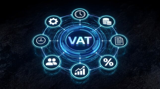 Digital value added tax interface with financial icons on dark background with displays glowing blue VAT interface surrounded financial symbols dark surface