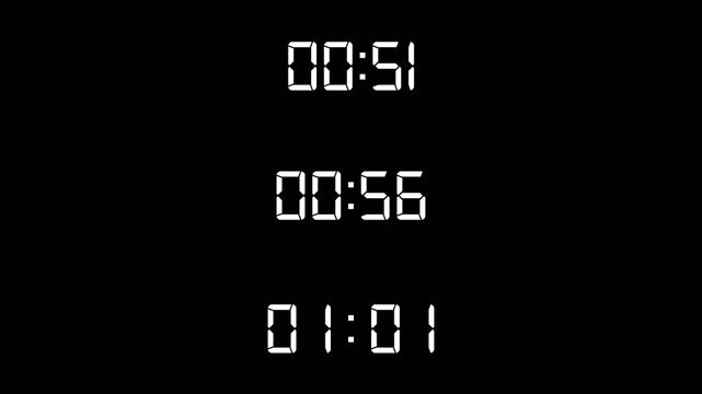 Count Up Timer Animation Set on Transparent Background, 10 Minute, 11 Minute and 12 Minute Digital Timer Collection, Ten Minute, Eleven Minute and Twelve Minute Count Up, 4K Alpha Channel