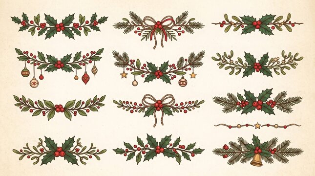 Christmas Decorative Borders with Holly Berries Pine and Ornaments