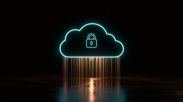 Neon glowing cloud with padlock icon emitting data rain. Concept of secure cloud storage and cybersecurity protection.