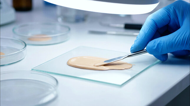 Scientist testing cosmetic cream in lab. Dermatologist analyzing skincare product sample.