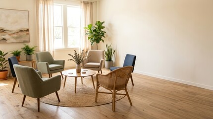 Fototapeta premium Serene counseling room with modern chairs and natural light